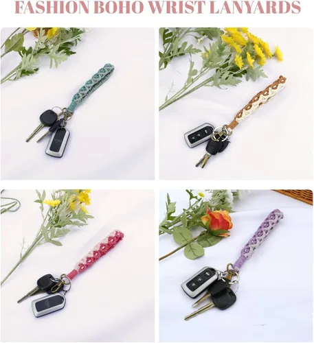Vista 6 de Llavero de macramé para mujer, cordón de muñeca para llaves de coche, bonitos llaveros bohemios, pulsera para niñas