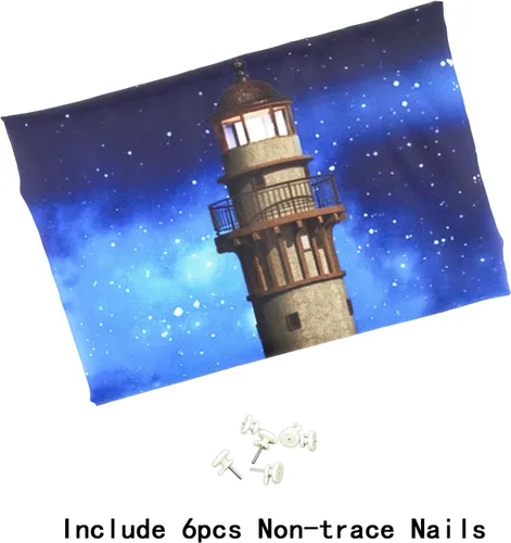 Vista 9 de HVEST Tapiz de luna y cielo nocturno para colgar en la pared, luna llena y galaxia estrellada con faro sobre el océano, tapiz colgante de pared