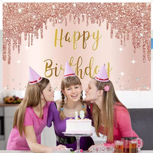 Vista 5 de Cartel de feliz cumpleaños de oro rosa y decoraciones de fondo para niñas y mujeres, suministros de letrero de fiesta temática rosa, gran póster