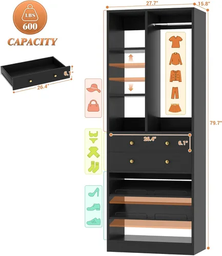 Vista 7 de Besiost Sistema de Armario Pequeño, Sistema Organizador de Armario de Madera de 28"/2.3 Pies con Cajones y Estantes, Sistemas de Armario Walk-in
