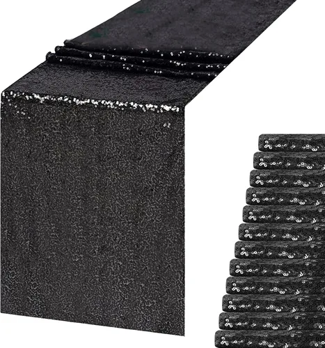 Vista 22 de Camino de mesa de lentejuelas negras de 12 x 72 pulgadas, paquete de 6 caminos de mesa con purpurina para decoración de fiestas, baby shower