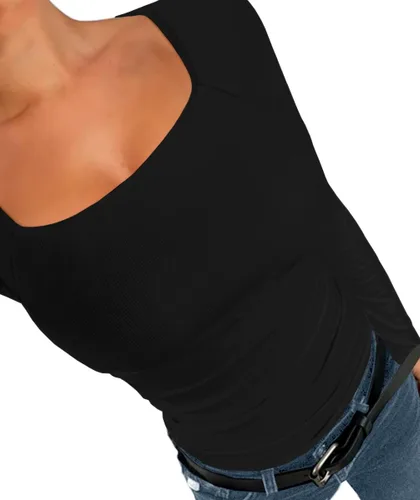 Vista 3 de Afibi Camiseta básica elástica de manga larga acanalada con cuello cuadrado para mujer