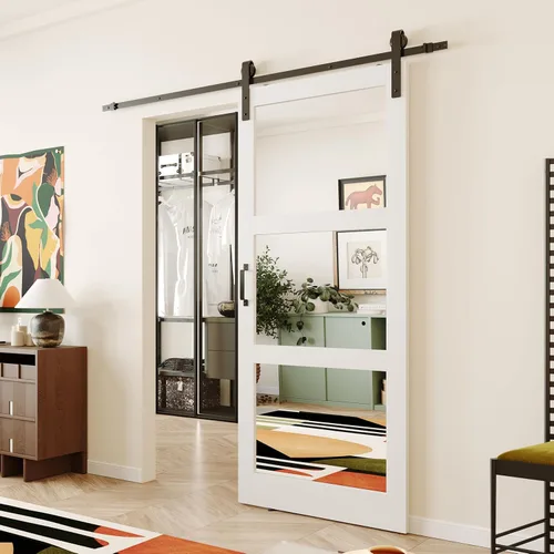 Vista 4 de Puerta corrediza de granero con espejo de 3 paneles de 36 x 84 pulgadas, kit de herramientas incluido, requiere montaje, superficie de PVC a prueba