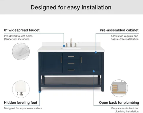Vista 7 de ARIEL Bayhill - Tocador de baño con lavabo de 54 pulgadas, madera maciza, encimera de cuarzo blanco puro de 1.5 pulgadas, fregadero rectangular Negro