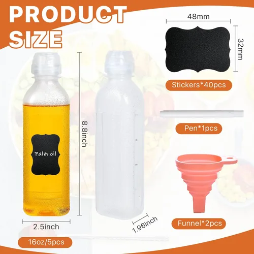 Vista 2 de Supkiir Botellas exprimibles de condimentos de 16 onzas con tapa superior, 5 botellas transparentes para salsa picante para condimentos, aceite