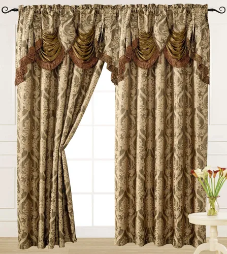 Vista 8 de V Panel de cortina jacquard de lujo con cenefa de cascada adjunta, 54 x 84 pulgadas, color beige Ashley