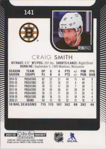 Vista 2 de 2021-22 O-Pee-Chee Platinum #141 Craig Smith Boston Bruins Hockey Card - Sportscard Superstore