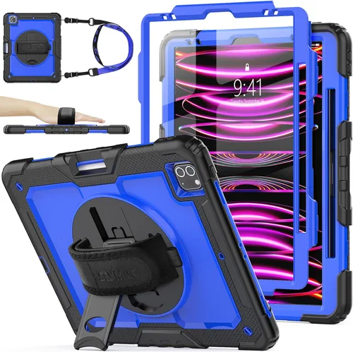 Vista 10 de SEYMAC stock Funda para iPad Pro de 12.9'' 2022/2021/2020/2018 con protector de pantalla giratorio 360 y correa de mano, funda a prueba de caídas
