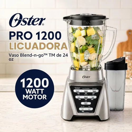 Vista 2 de Licuadora más procesadora de alimentos y taza para mezcla personal Oster Pro 1200, Níquel cepillado