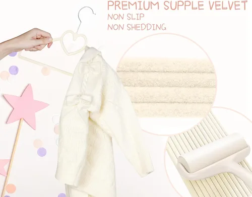 Vista 7 de Perchas de terciopelo beige con forma de corazón, paquete de 50 perchas para niños pequeños de 13 pulgadas con 20 clips, ultra delgadas y apilables