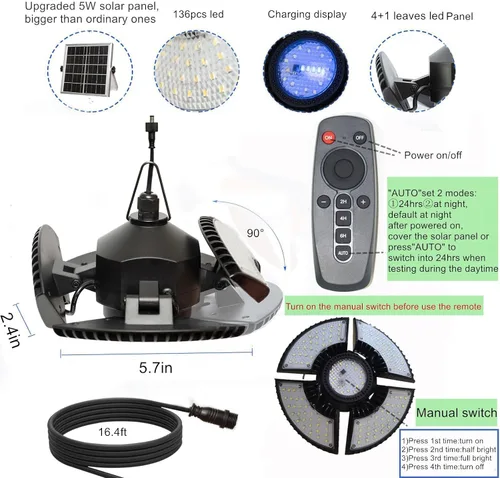 Vista 5 de HULPPRE - Luz solar para cobertizo, interior y exterior con control remoto, de día o de noche 136leds, brillante, IP65 impermeable, para granero