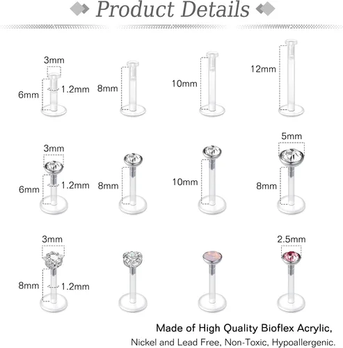 Vista 2 de JFORYOU 16G 24Pcs Anillos de labio transparentes Medusa Piercing Studs Joyería Plana de plástico con respaldo Anillos de labio retenedor de ajuste