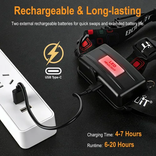 Vista 5 de BORUIT RJ-3000 - Linterna frontal de luz LED negra, 3 modos de luz blanca y UV, lámpara de cabeza de aluminio recargable USB-C súper brillante