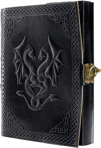 Vista 4 de Diario de cuero doble dragón hecho a mano/cuaderno de escritura/bloc de notas diario encuadernado para hombres y mujeres, papel sin forro, mediano