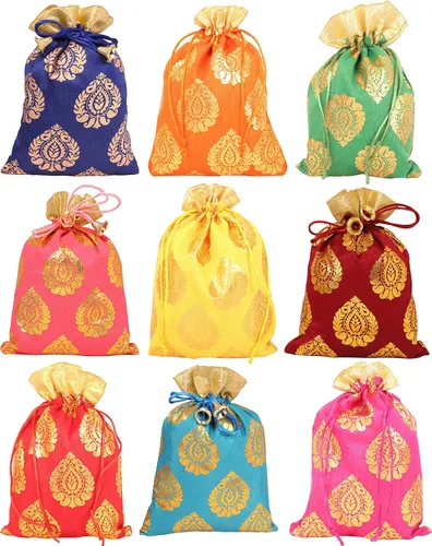 Vista 10 de Touchstone Bolsas con cordón de tela tradicional india, hechas a mano, perfectas para regalos, joyas, bodas, bolsas, bolsas, Potli, -Mimosa
