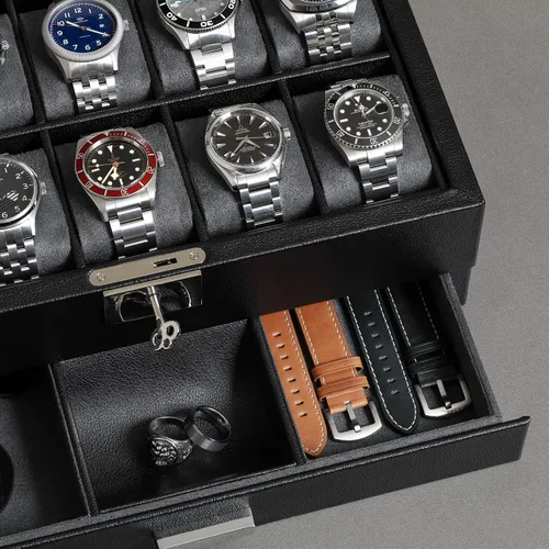 Vista 5 de Juego de regalo Caja de reloj de cuero con 10 ranuras con cajón de valet y funda de viaje a juego para 5 relojes, organizador de exhibición