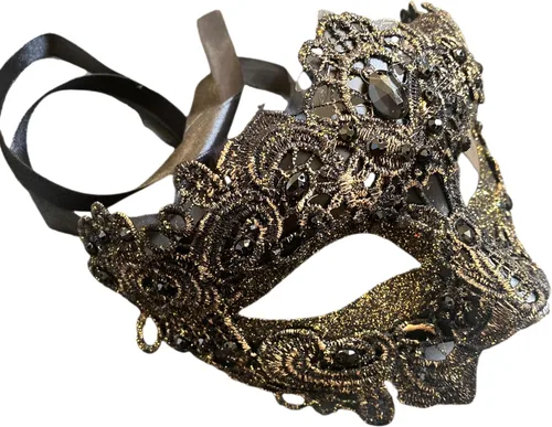 Vista 24 de MASQ Par de máscaras de encaje brocado para mascarada, Mardi Gras, cumpleaños, graduación, boda, fiesta Bk Lace W Pluma