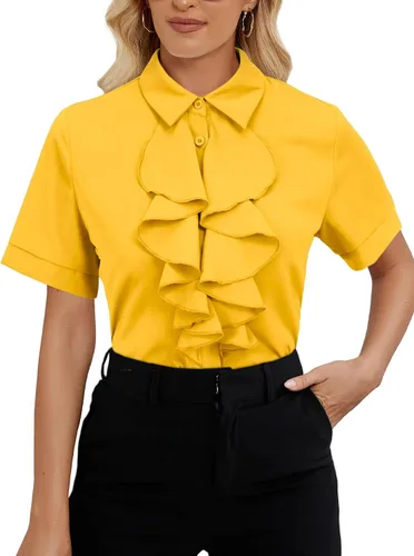 Vista 17 de Vrtige Women's Ruffle Front Collar Neck Button Down Short Sleeve Blouse Shirt Top