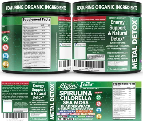 Vista 9 de Sea Tox Cápsulas de Espirulina y Clorella Orgánicas Limpieza Natural y Nutrición Musgo Marino Fucus Clorofila Raíz de Bardana Ashwagandha Cúrcuma 90
