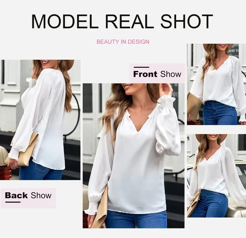 Vista 3 de Dokotoo Blusas para mujer, de manga larga, cuello en V, casuales, de gasa, para otoño, 2024