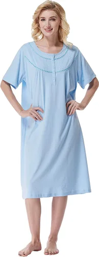 Vista 20 de Keyocean - Camisones para mujer, 100% algodón, suave, cómodo, ligero, manga corta, vestido de noche para damas Azul Floral en Crema
