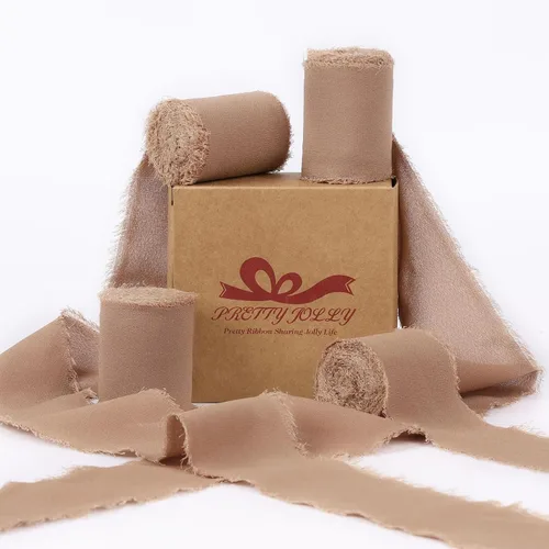 Vista 32 de Pretty Jolly Cinta de gasa beige para envolver regalos, 3 rollos de 2 pulgadas x 7 yardas, cinta de tela de seda hecha a mano con flecos para ramo