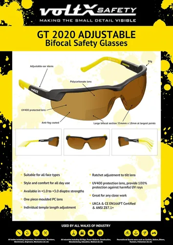 Vista 8 de voltX GT - Lentes de seguridad bifocales ajustables para lectura (lente marrón +1.0), ANSI Z87.1+ y CE EN166FT, revestimiento antiniebla, lente