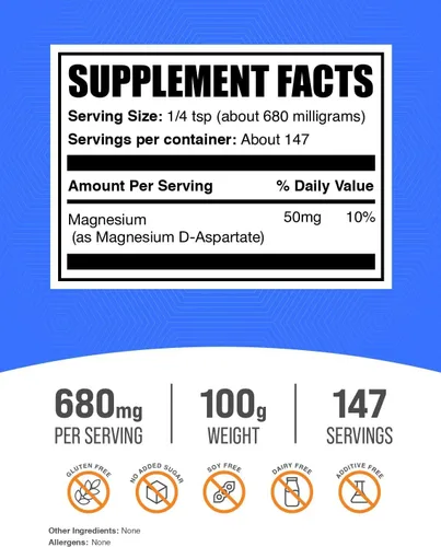 Vista 2 de BulkSupplements. com Magnesio D-Aspartato en polvo – Suplemento de magnesio, magnesio de alta absorción – Sin gluten, 680 mg (49 mg de magnesio) por