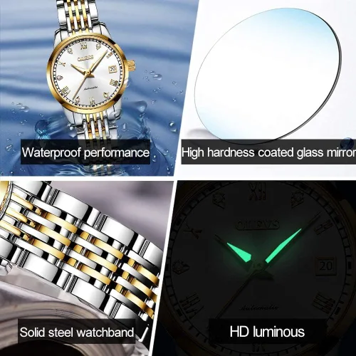 Vista 5 de OLEVS Relojes automáticos para mujer de acero inoxidable con diamantes mecánicos luminosos impermeables para mujer