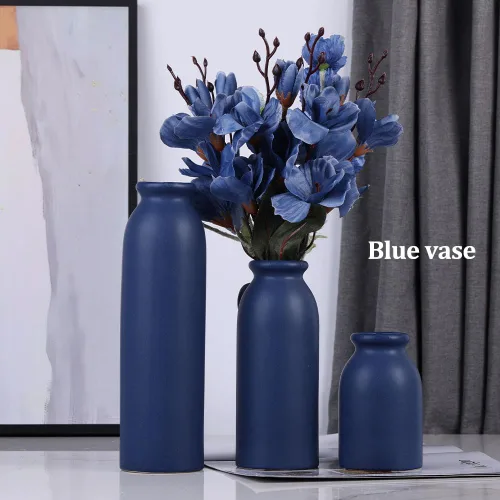 Vista 4 de Juego de 3 jarrones de cerámica azul marino decorativos para centros de mesa, granja y decoración del hogar, ideal para sala de estar, cocina