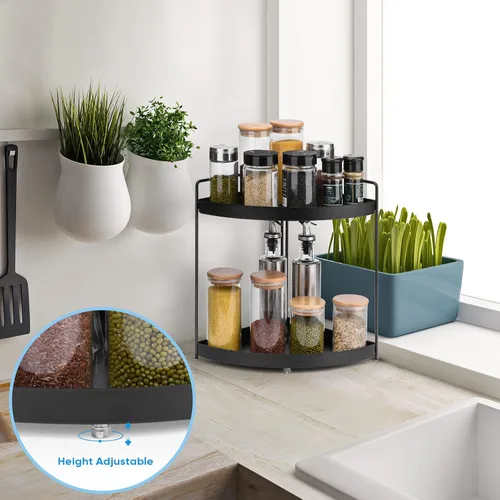 Vista 5 de Estante esquinero de 2 niveles para encimera de cocina, gabinete de baño, organizador de maquillaje, cosméticos, organización y almacenamiento Negro