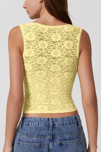 Vista 5 de QINSEN Camiseta sin mangas de doble capa con cuello cuadrado y ribete de encaje para mujer Amarillo claro