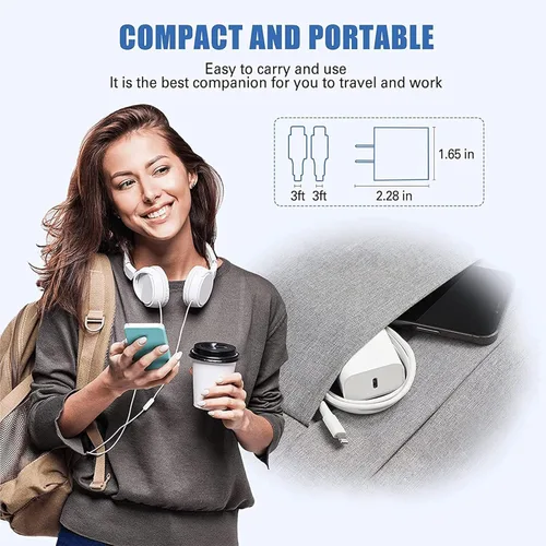 Vista 6 de Cargador rápido USB C para iPhone de 20 W con cable USB C a Lightning y cable compatible para iPhone 14/13/12/11/XS/XR/X/iPad 1Pack USB C Wall