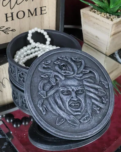 Vista 4 de Ebros Mitología griega Severed Head of Goddess Medusa con pelos de serpiente, caja de joyería redonda decorativa, joyero, hermanas gorgonas