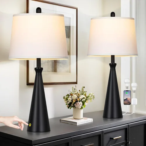 Vista 8 de Rinweey 28" Black Touch Table Lamp with USB A+C Ports, 3-Way Dimmable Bedroom Lamp for Night Stand, Tall Modern Touch Lamp for Living Room End