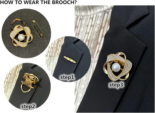 Vista 3 de 3 broches de clip para bufanda, todo en uno, elegantes diamantes de imitación florales de perlas, ropa dorada, broche de botón anudado, bufandas