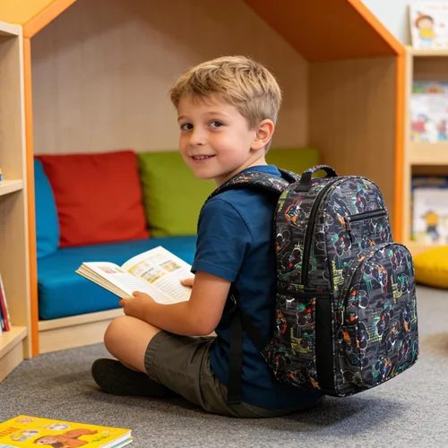 Vista 6 de abshoo Lindas mochilas ligeras para niños de 4 a 8 años de edad (coches negro)