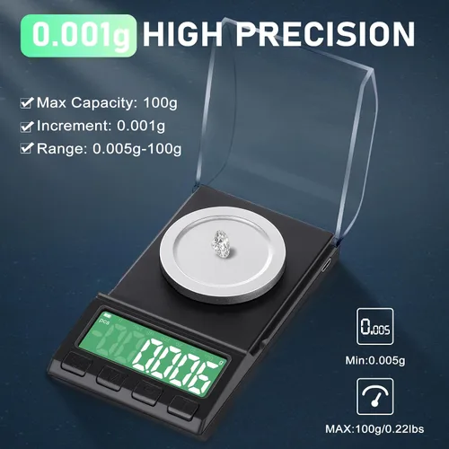 Vista 2 de Diyife - Báscula portátil de miligramos de 3.53 oz/0.00 oz, báscula recargable de gramos con 8 unidades, báscula de polvo de alta precisión