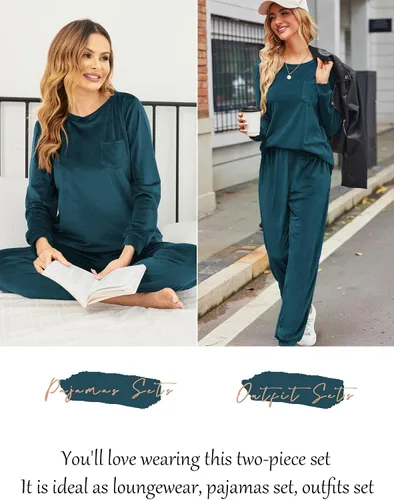 Vista 4 de Ekouaer Conjunto de pijama de manga larga para mujer, ropa de dormir suave de 2 piezas de terciopelo con bolsillos