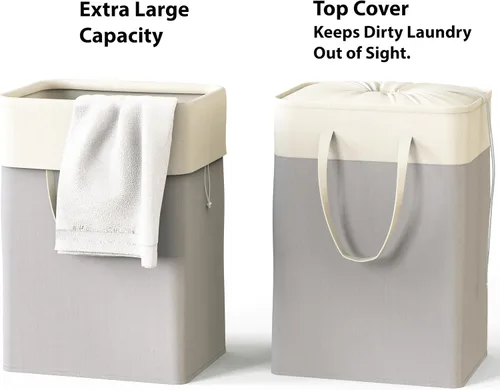 Vista 3 de Simple Houseware Cesta plegable para ropa sucia de 75 L, cesta rectangular de algodón con cierre de cordón y asas, color gris
