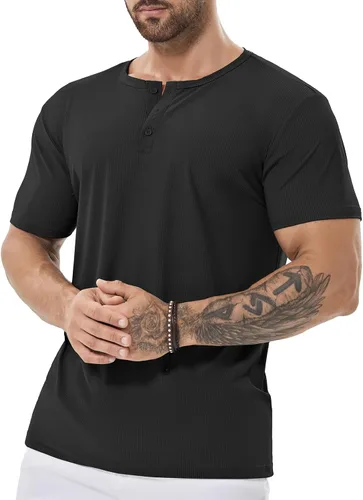 Vista 3 de Camisa Henley de ajuste seco para hombre, ropa de gimnasio, camiseta de entrenamiento de manga corta, camiseta atlética clásica y casual