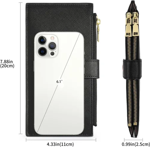 Vista 3 de GOIACII - Carteras delgadas para mujer con bloqueo RFID, tarjetero con 2 bolsillos con cremallera, monedero fino para mujer, negro (A01 Black)