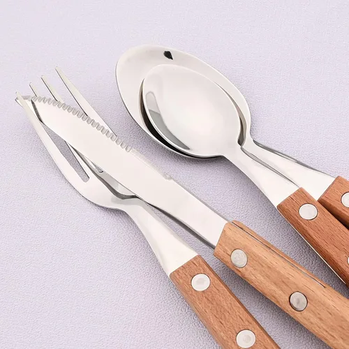 Vista 5 de Juego de cubiertos de acero inoxidable 304 de 8 piezas, mango retro de madera, juego de utensilios de vajilla para fiesta, incluye cuchillo Marrón