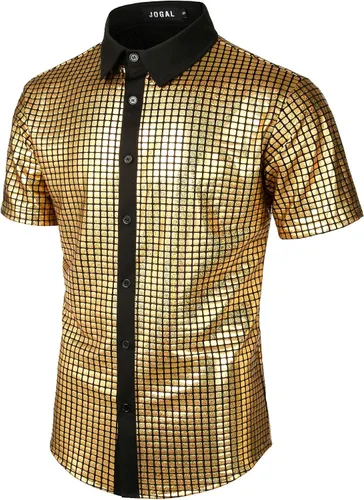 Vista 2 de JOGAL Camisa de vestir para hombre de lentejuelas plateadas manga corta botones hacia abajo de los años 70