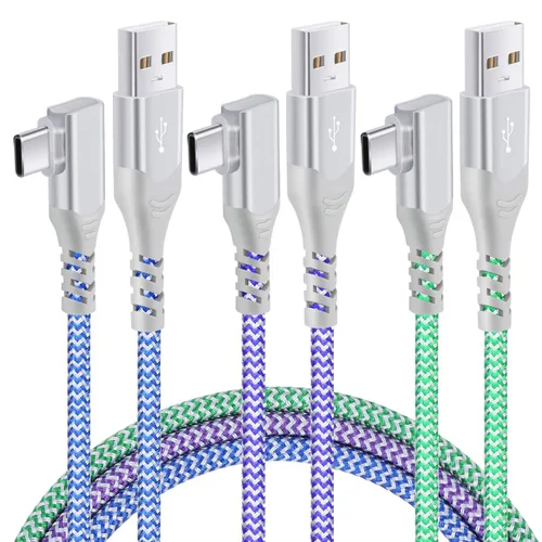 Vista 9 de Pofesun - Cable USB C [3 unidades, 6.6 pies] 3.1A tipo C cargador de carga rápida en ángulo recto, cable de carga USB C trenzado compatible
