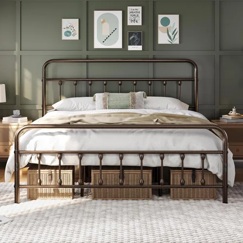Vista 22 de Yaheetech Base de cama con plataforma de metal, cabecero y estribo Bronce