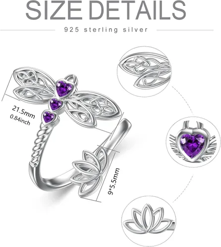 Vista 2 de RMREWY Anillo ajustable de plata de ley 925 con piedra natal de libélula celta, regalo de cumpleaños para mujeres, amantes de la libélula