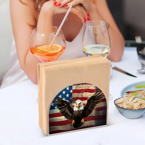 Vista 6 de Qilmy Servilletero con bandera estadounidense y águila para mesas, servilleteros para cocina, servilleteros de mesa, servilleteros de cóctel