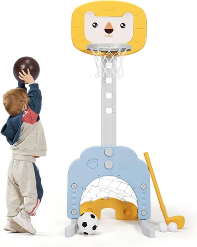 Vista 12 de AKUSTIK 3 in 1 Toddlers Basketball Hoop Stand, Adjustable Height Sports Center with Basketball Soccer Golf Game Set, Portable Indoor Outdoor