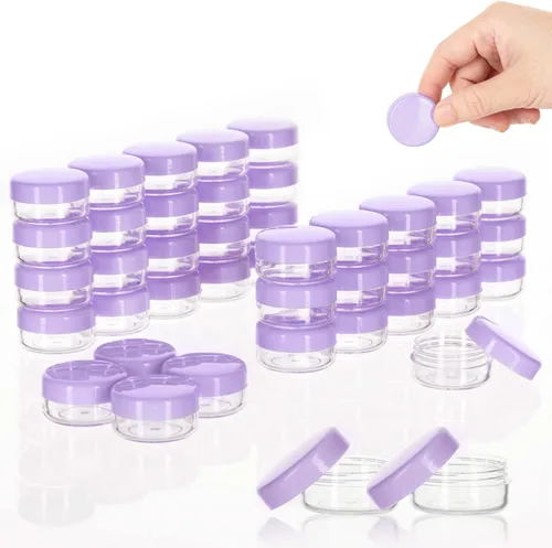 Vista 14 de Contenedores de cosméticos con tapas, tarros de loción de plástico, tarros para muestras, con tapa rosa, 0.2 oz, 25 unidades, Tarro de 3 gramos.